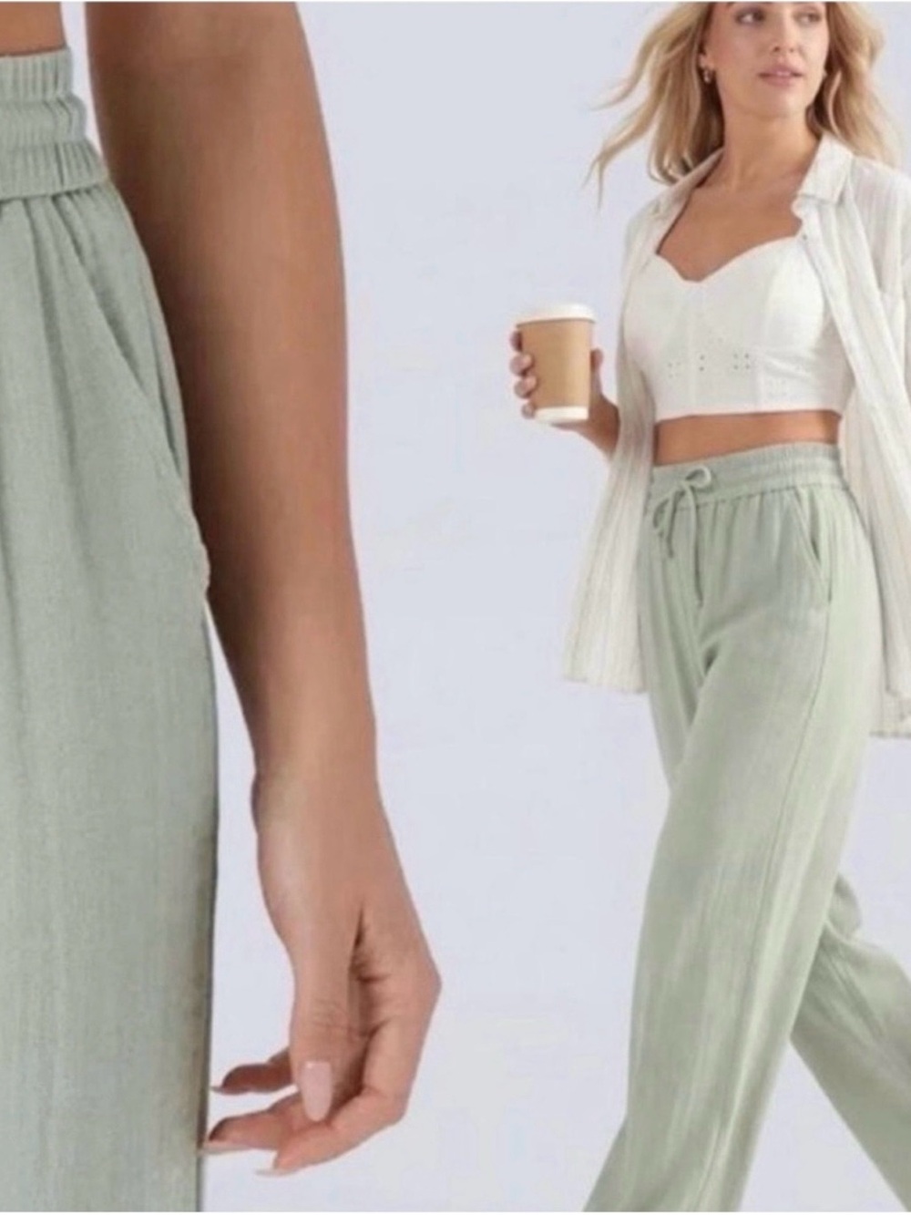 HALARA Wide Leg Pull-On linen like Pants in Sage Green